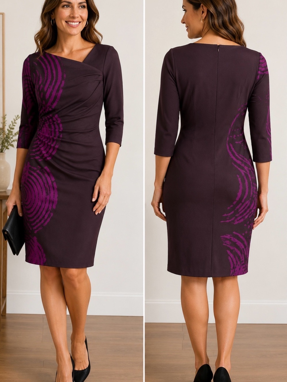 Donna Morgan Size 8 Purple Abstract Print Ruched Sheath Dress 3/4 Sleeve
